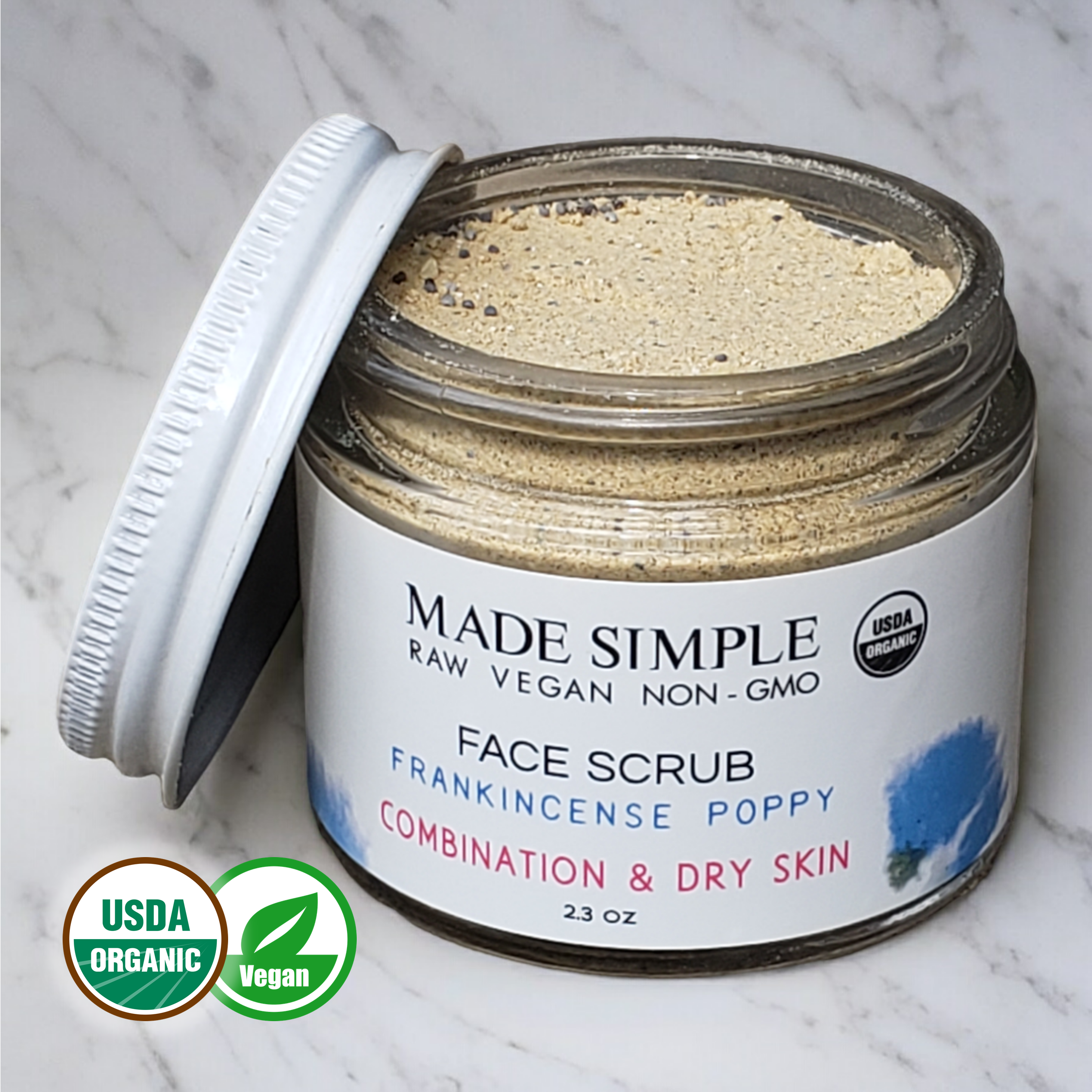 Frankincense Poppy Seed Face Scrub for Combination/Dry Skin - Certified Organic, Vegan & Cruelty-free